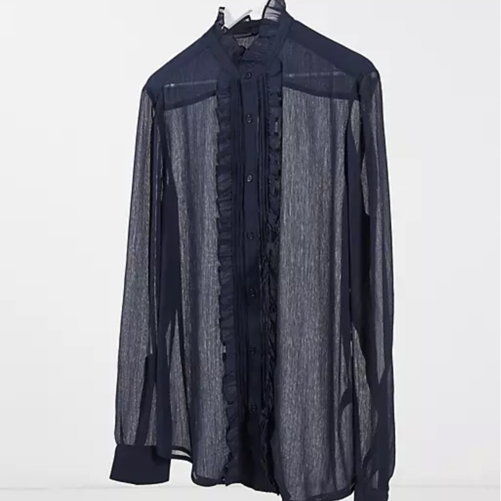 Ruffle Neck Sheer Button Down